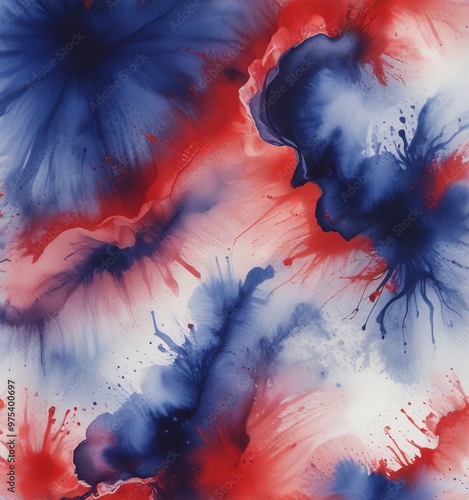 Poster the image is an abstract painting featuring a vibrant mix of red, blue, and white colors, with splas