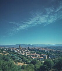 Obraz premium A panoramic view of a city nestled among rolling hills, with a clear blue sky and wispy clouds overhead.