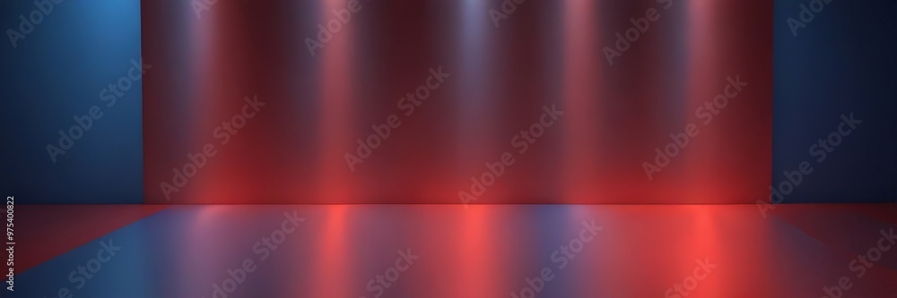Poster the image presents a 3d of a stage with a red curtain and blue wall, illuminated by a gradient of re