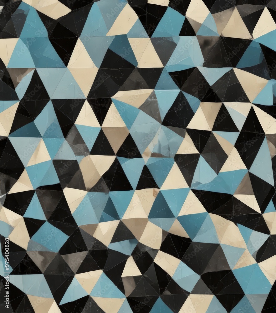 Poster a geometric pattern composed of numerous triangular shapes in various shades of blue, black, and bei