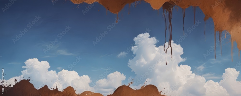 Poster a serene sky with fluffy white clouds and a brown, dripping landscape below. the sky transitions fro