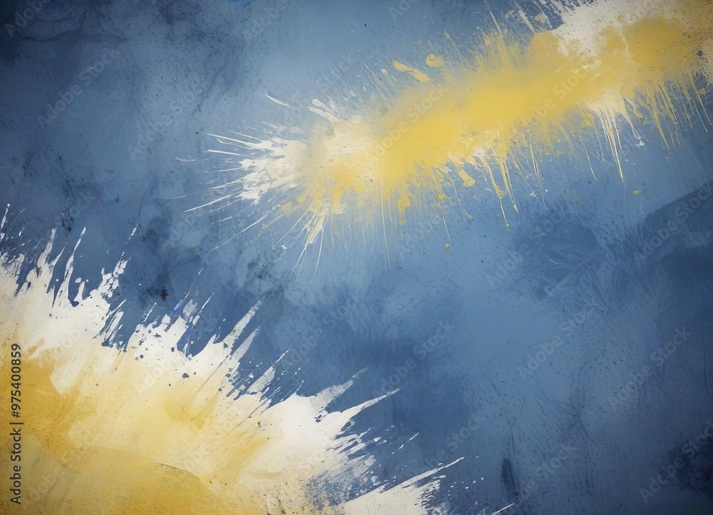 Poster a textured blue and yellow abstract background with splashes of white and yellow paint, creating a d