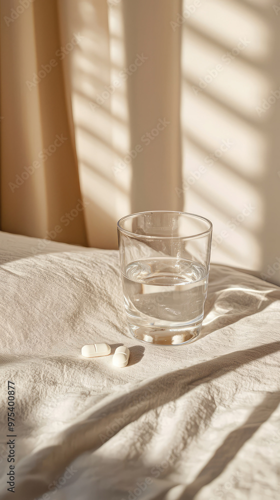 Poster a glass of water sits next to single pill on bedside table, illuminated by soft sunlight filtering t