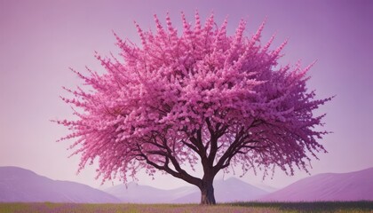 A vibrant pink tree with numerous branches stands in a grassy field, surrounded by mountains and a clear sky.