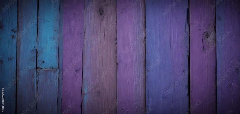 Poster a close-up view of a wooden surface with vertical planks in various shades of blue and purple, creat