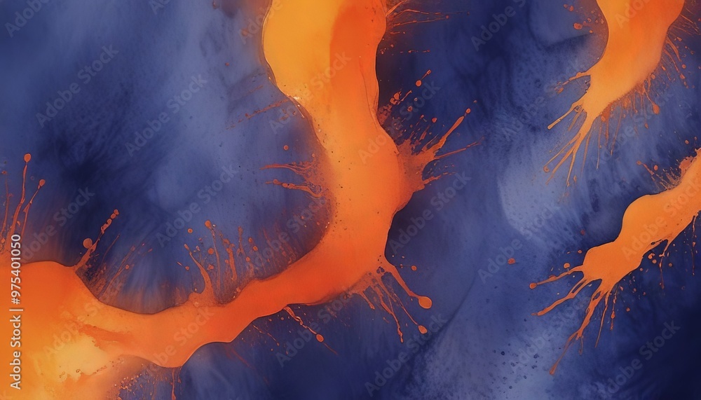 Poster a vibrant abstract composition of orange and blue splashes and drips, creating a dynamic and energet