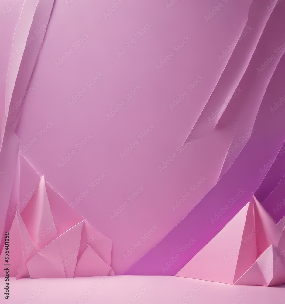 Poster abstract geometric composition featuring a pink and purple gradient background, with three distinct 