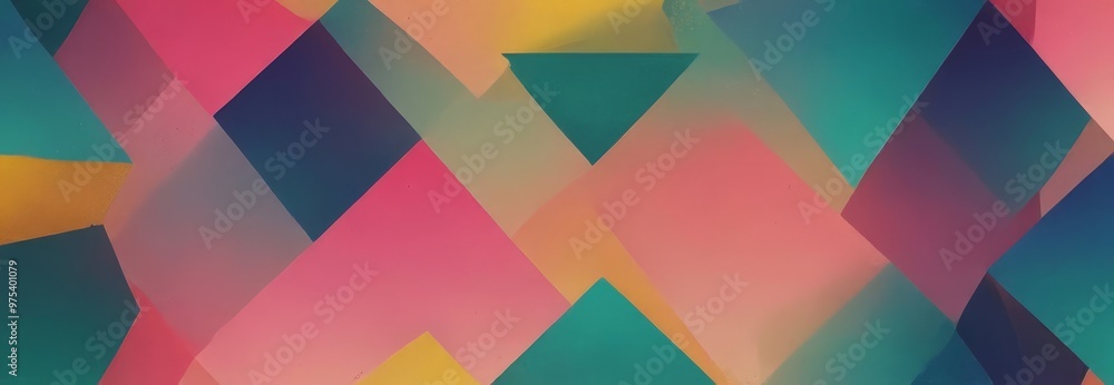 Poster a vibrant abstract composition of overlapping geometric shapes in various colors, including pink, bl