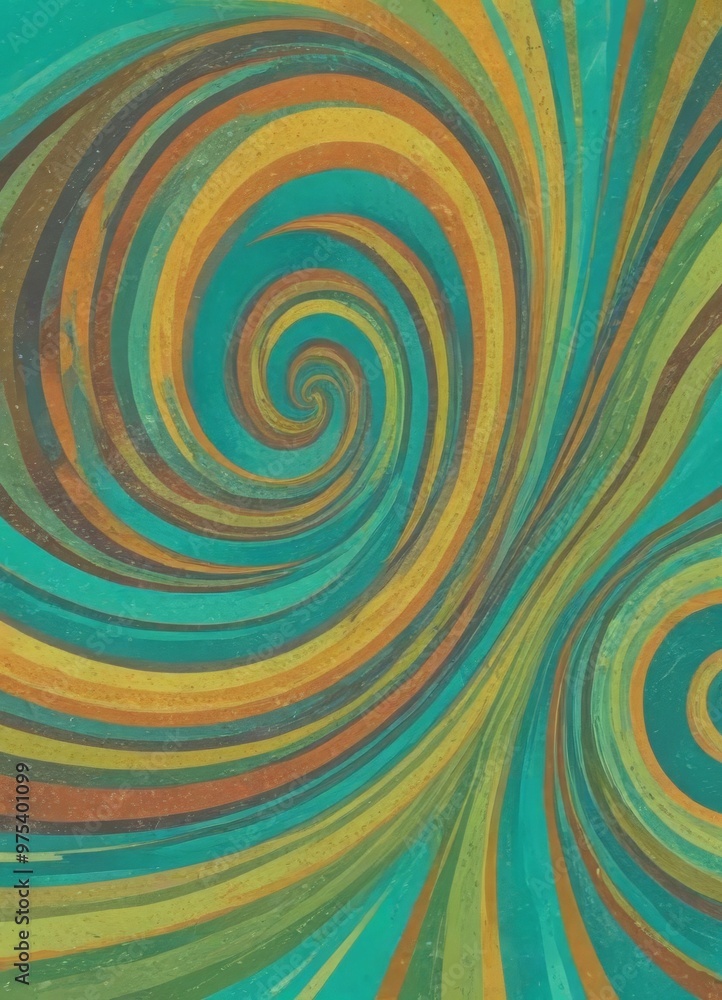 Poster a vibrant abstract pattern with swirling lines and colors in shades of green, yellow, orange, and br