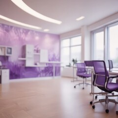 Fototapeta premium A modern office space with a purple accent wall, white furniture, and large windows.