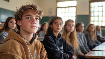 Obraz premium Group of students attentively listening during a classroom session in the afternoon light