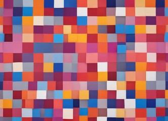 The image is a vibrant abstract composition featuring a grid of overlapping squares in a variety of bright colors, including shades of red, orange, yellow, green, blue, and purple.