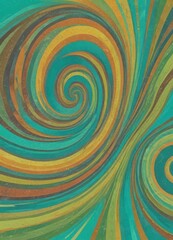 a vibrant abstract pattern with swirling lines and colors in shades of green, yellow, orange, and brown. The pattern is set against a textured background, creating a dynamic