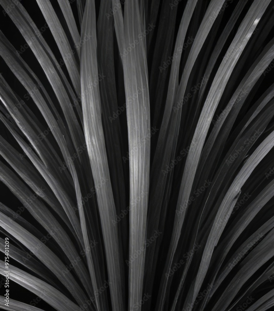 Poster the image is a close-up black and white photograph of a plant with long, thin leaves arranged in a f
