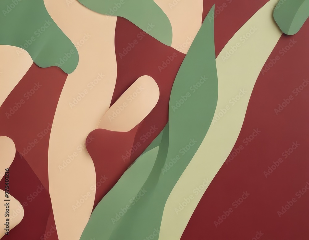 Poster abstract shapes and patterns in red, green, and beige colors, creating a visually striking compositi