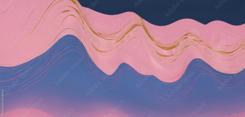 Poster a vibrant abstract composition of pink and blue hues, with gold lines adding a touch of elegance and