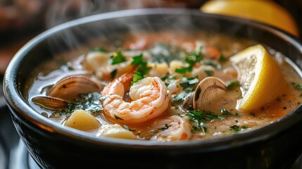 A steaming bowl of seafood chowder with visible shrimp, clams, and potatoes, garnished with fresh herbs and a slice of lemon.