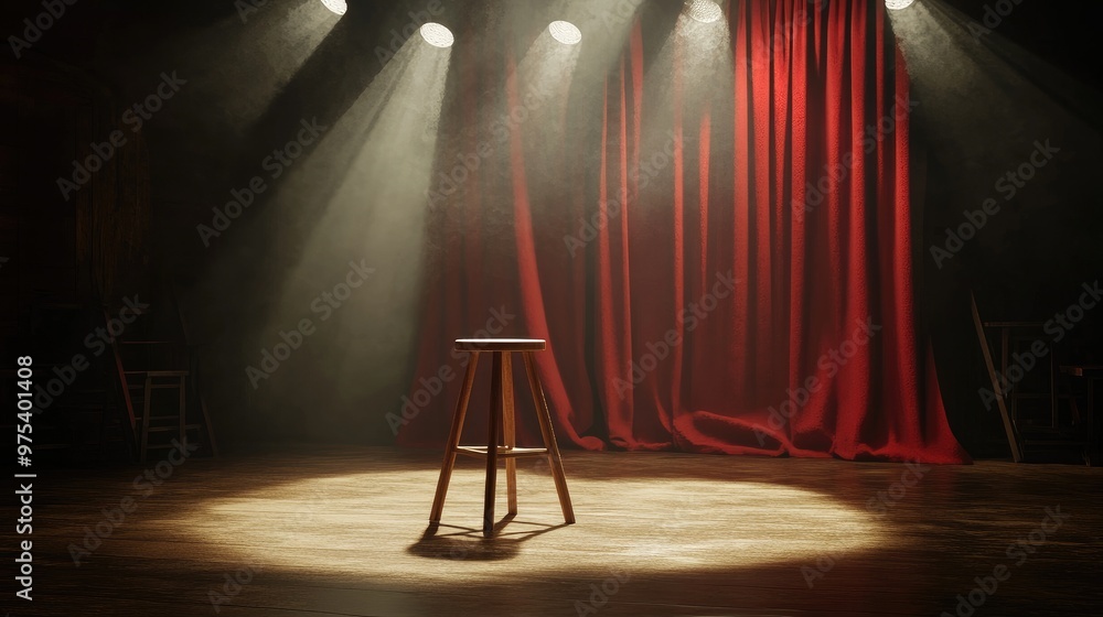 Poster empty stage illuminated by spotlights, featuring a simple wooden stool and red curtains, creating a 