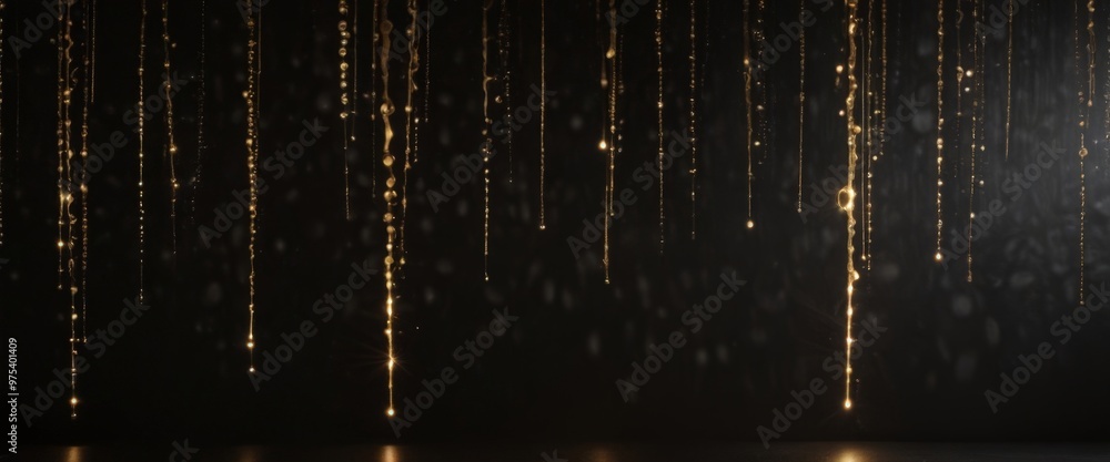 Poster a dark background with a series of golden, hanging lights that appear to be falling or dripping, cre
