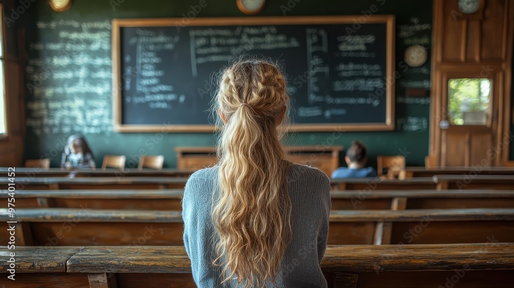 Poster students attending a lecture in a rustic classroom with chalkboards and wooden seating in early afte