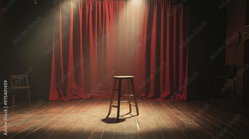 Poster empty stage illuminated by spotlights, featuring a simple wooden stool and red curtains, creating a 