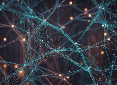 a complex network of interconnected lines and dots, resembling a web or a network of nerves, with a dark background and a subtle glow of orange lights.
