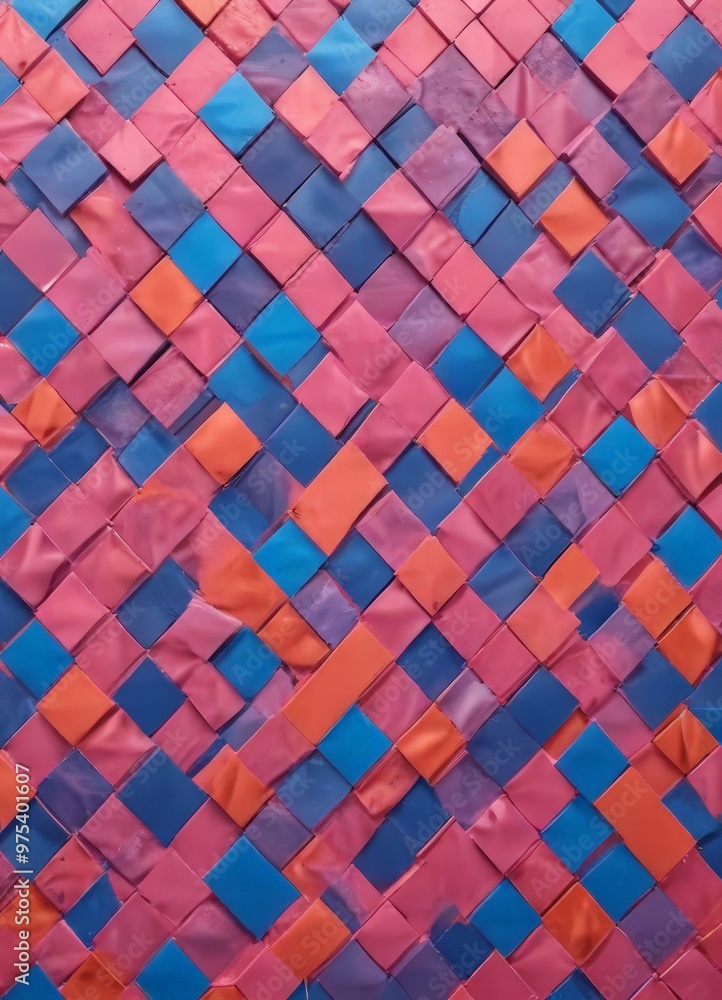 Poster a close-up view of a vibrant, abstract pattern composed of overlapping squares in various shades of 