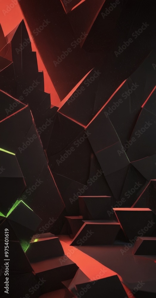 Poster the image presents a 3d of a dark, abstract room with a geometric pattern of black and red shapes, i