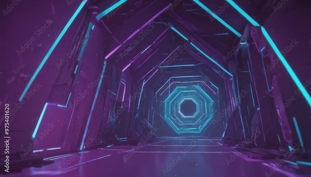 Poster a futuristic corridor with a hexagonal tunnel at the end, illuminated by blue and purple lights, cre