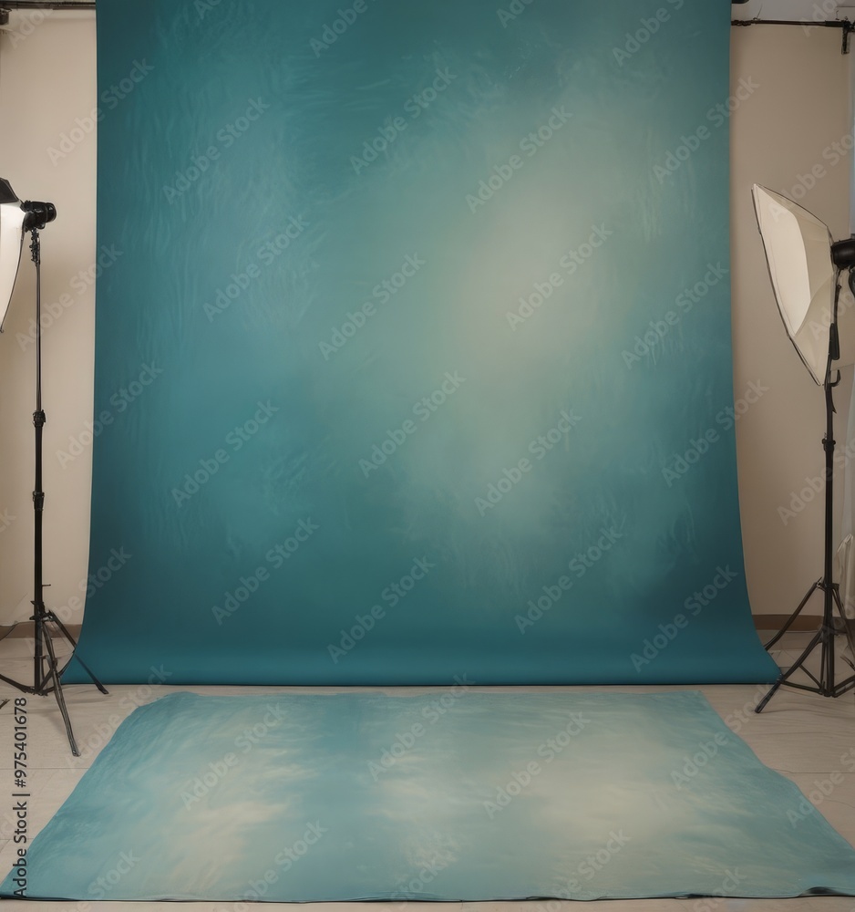 Poster a large turquoise backdrop is set up for photography, with two lighting stands on either side and a 