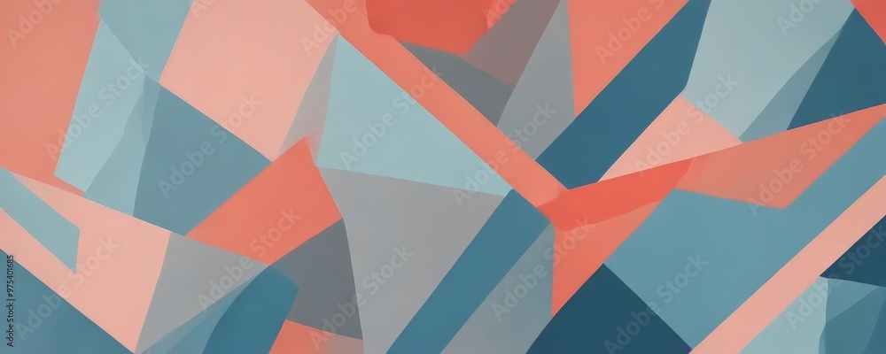 Poster a geometric abstract composition of intersecting lines and triangles in various shades of blue, pink