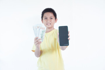 Happy Boy Showing Blank Smartphone Screen Mockup and holding dollar money