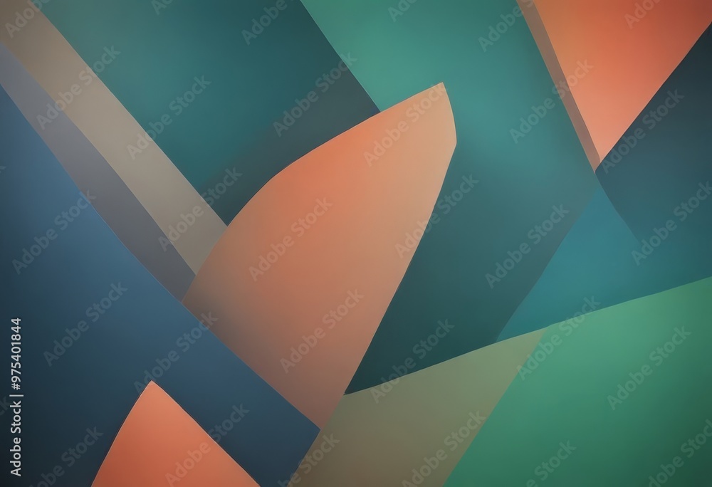 Poster a vibrant abstract composition of overlapping geometric shapes in various shades of green, blue, and