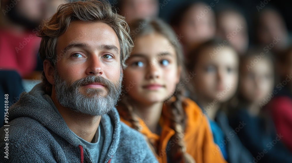 Poster a father and daughter watching a performance with a captivated audience in the background during a c