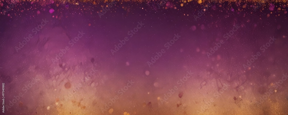 Poster a gradient background transitioning from purple to orange, with scattered glittering particles throu