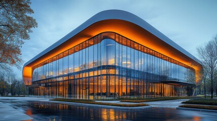 Modern architectural building with glass facade and warm lighting.