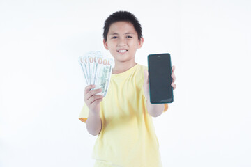 Happy Boy Showing Blank Smartphone Screen Mockup and holding dollar money