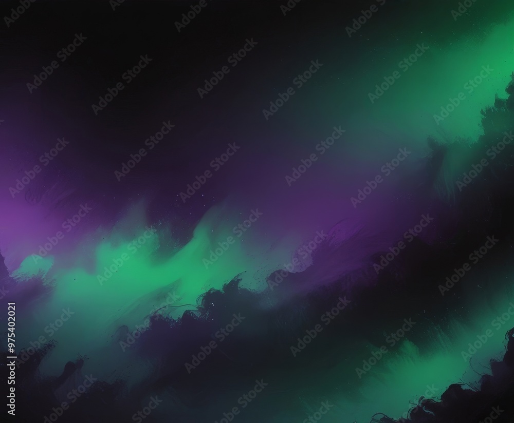 Poster a vibrant abstract scene with swirling patterns of green and purple hues, creating a sense of moveme