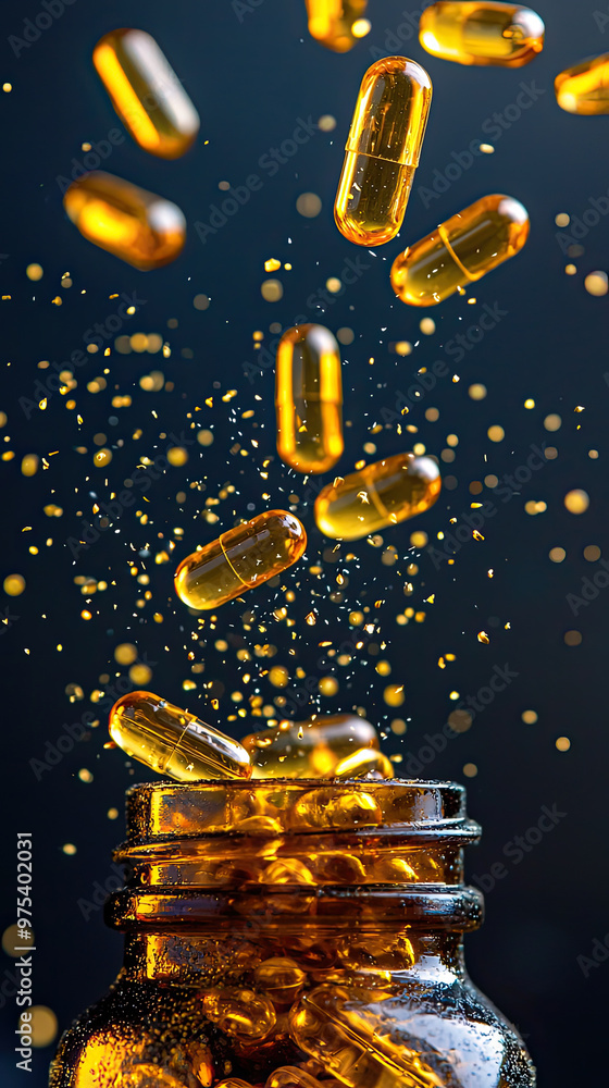 Poster high energy close up of capsules tumbling out of glass jar, creating dynamic scene filled with golde