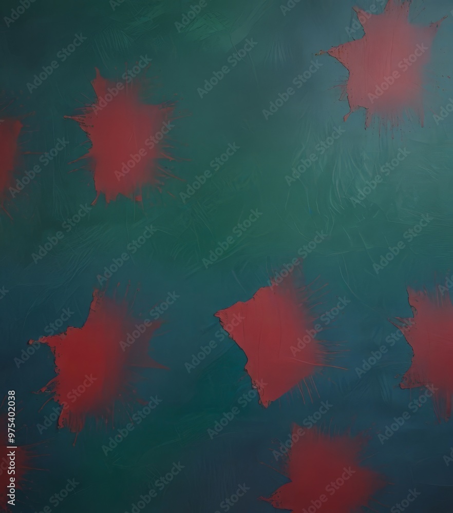 Poster a close-up view of a painting with a dark green background and red splatters or splotches scattered 