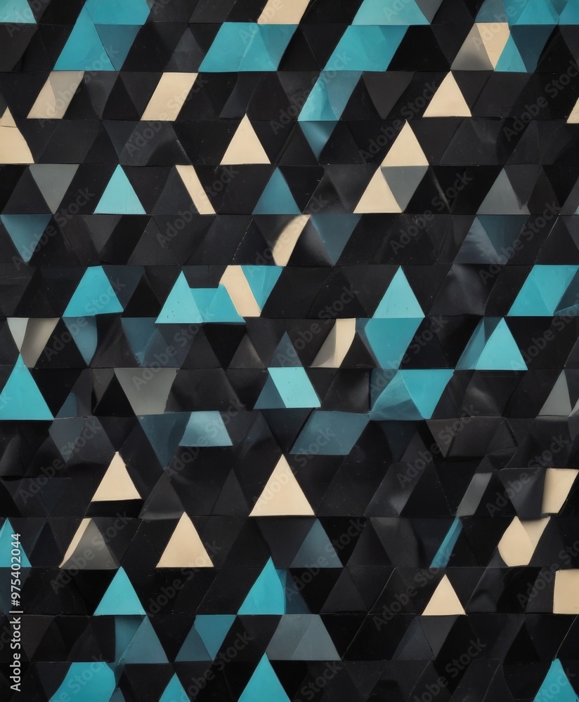 Poster a close-up view of a geometric pattern composed of numerous triangles in various shades of blue, bla