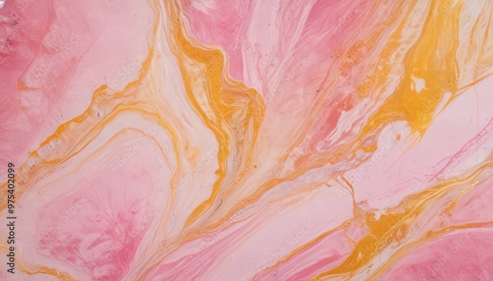 Poster a close-up view of a marble-like surface with a vibrant, abstract pattern of pink and yellow hues. t