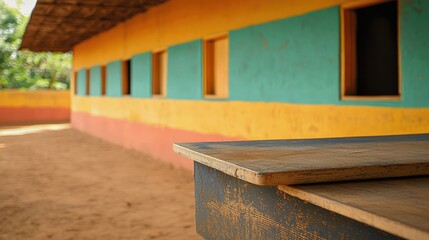 A colorful classroom building with open windows in a remote village during daylight hours, showcasing vibrant painted walls and a sandy courtyard