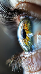 Fototapeta premium A close up of human eye reveals intricate details, showcasing vibrant colors and patterns within iris, reflecting pill in pupil. image captures beauty and complexity of human vision