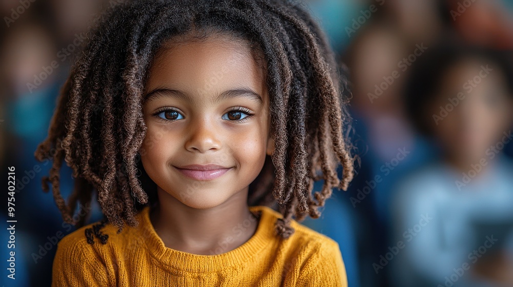 Poster smiling young girl with dreadlocks in a classroom during a sunny afternoon, engaging with classmates