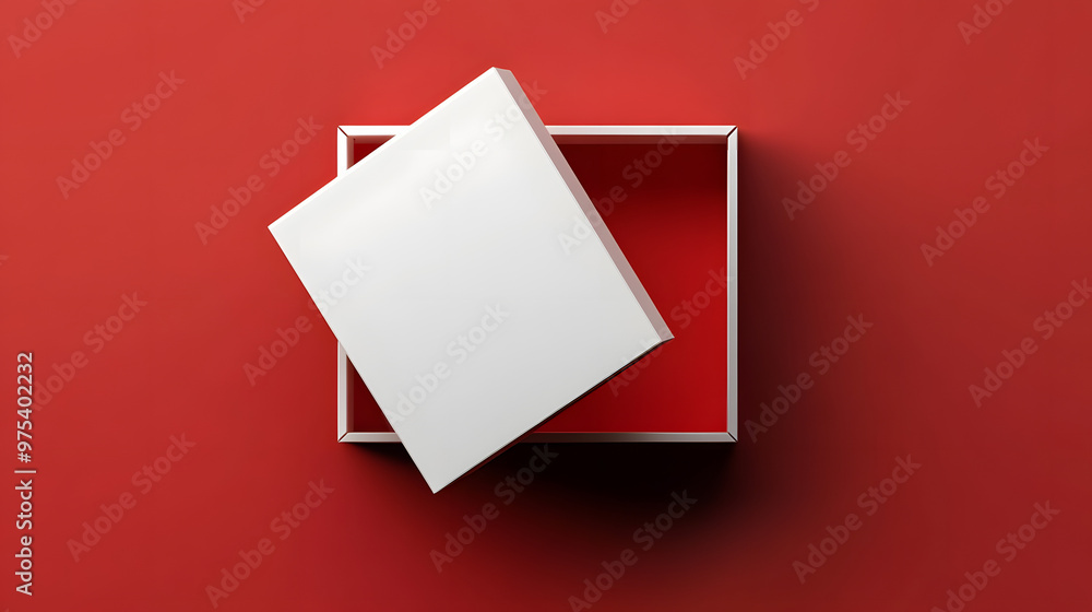 Poster blank open white box or top view of white present box isolated on dark red background with shadow mi