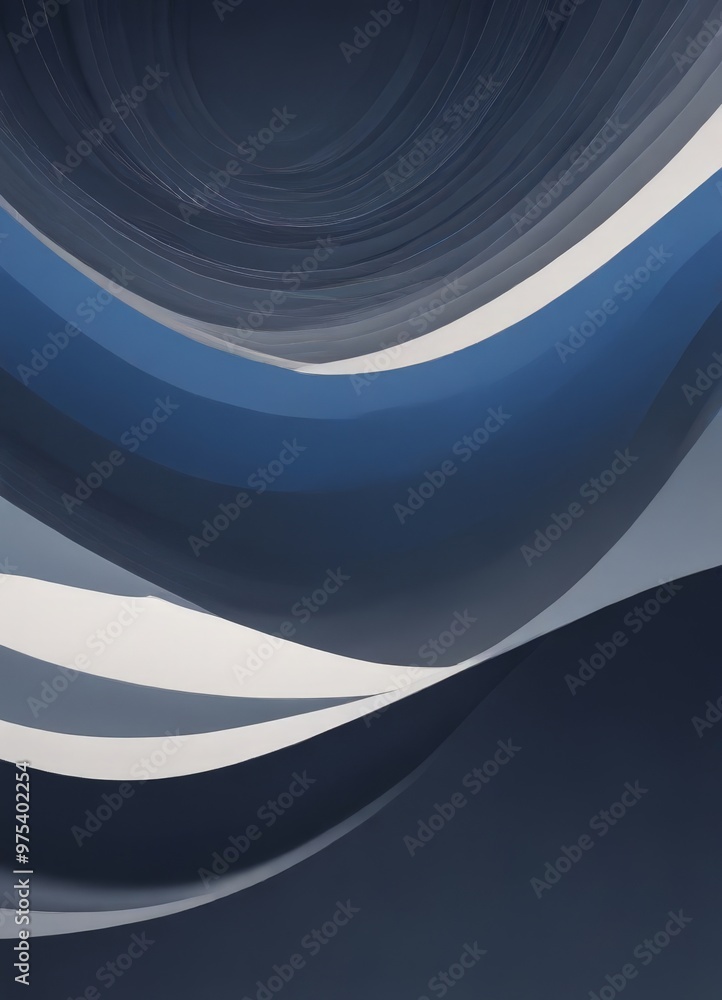 Poster a dark blue abstract background with white and gray wave-like shapes, creating a sense of movement a