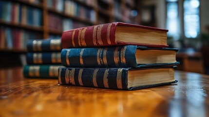 Stacked vintage books resting on a polished wooden table in a cozy library, surrounded by shelves brimming with literature
