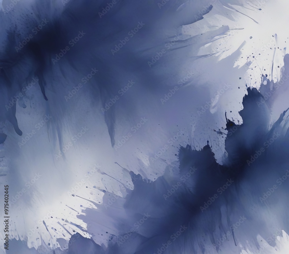 Poster an abstract, textured composition of dark blue and white hues, with splashes of color and brushstrok