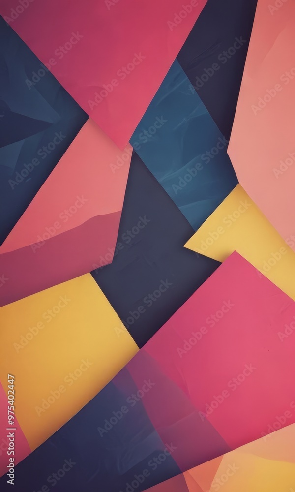 Poster a vibrant abstract composition of overlapping geometric shapes in various colors, including pink, bl